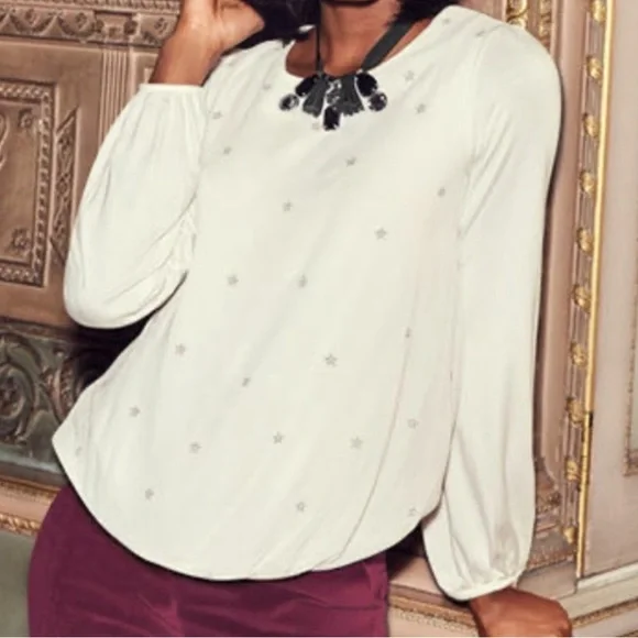 Boden Tori Embroidered Top Metallic Silver Stars Size 8 Bubble Sleeves - Picture 1 of 7